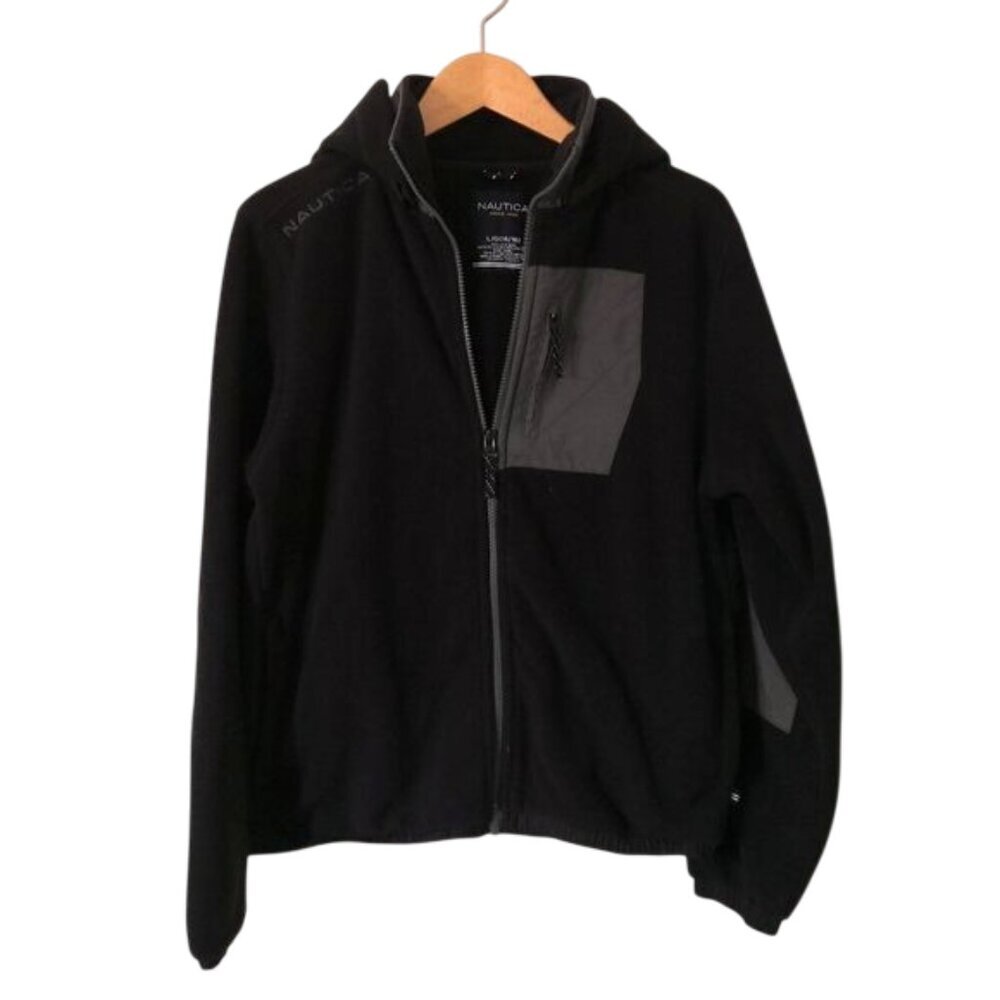 Like New Nautica‎ Big Boy Full Zip Hood Fleece Jacket Black/Grey Size L (14/16)